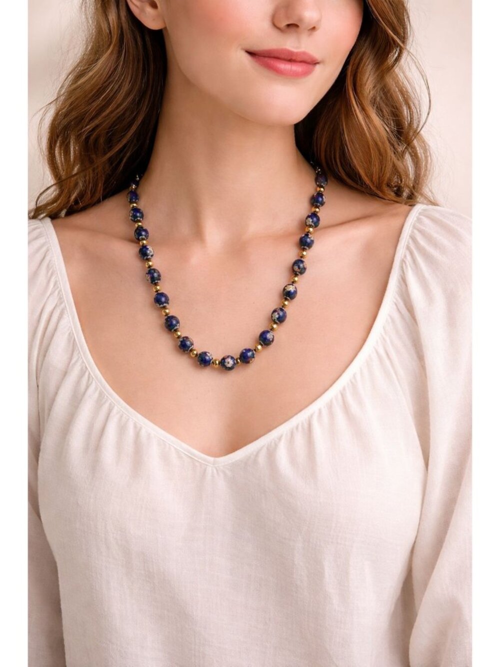 Vintage 1980s Chinese Cobalt Blue Cloisonné Floral Bead Necklace 30"